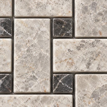 Silver Shadow Polished Marble Basket Weave Mosaic Tile — macro detail of natural stone texture and mosaic joints