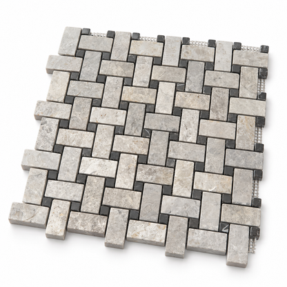 Silver Shadow Polished Marble Basket Weave Mosaic Tile — angled sheet showing natural stone edges and mesh backing