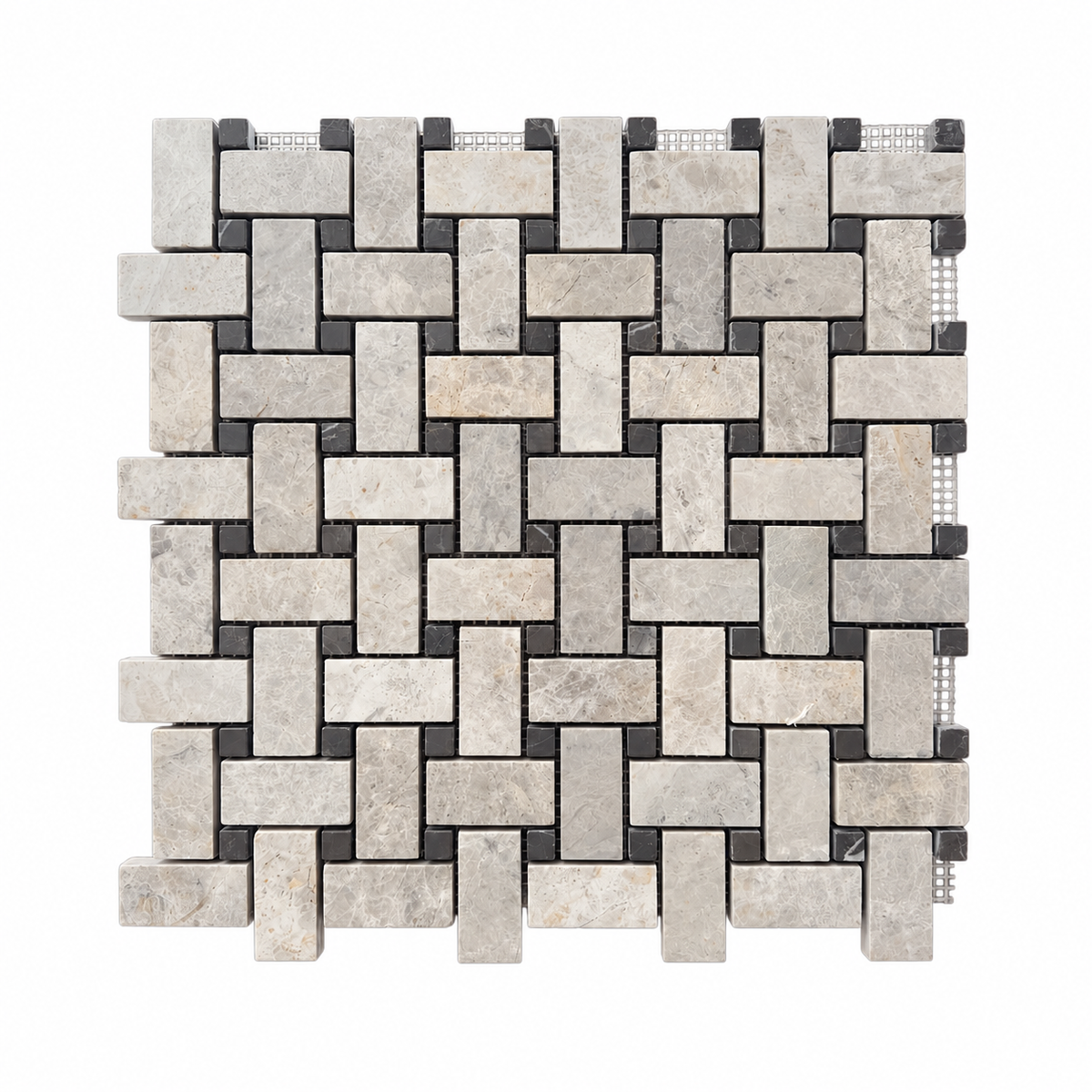 Silver Shadow Polished Marble Basket Weave Mosaic Tile — complete mesh-mounted sheet on white