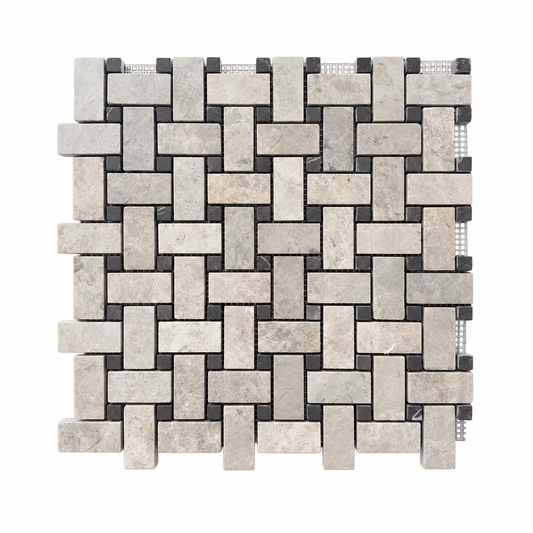 Silver Shadow Polished Marble Basket Weave Mosaic Tile — complete mesh-mounted sheet on white