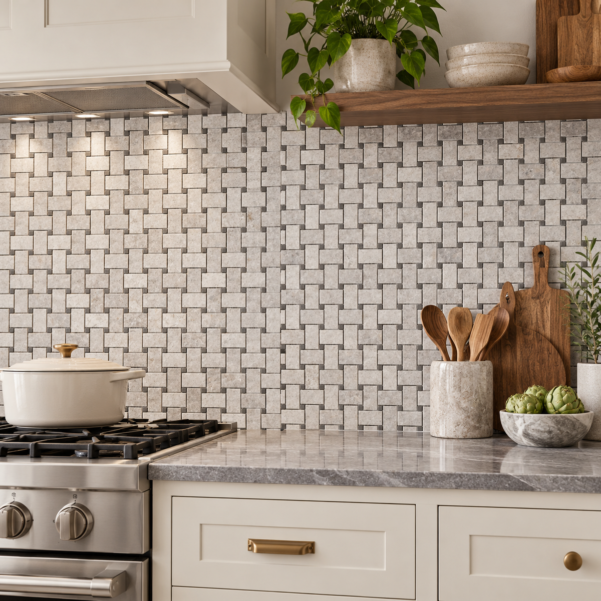 Silver Shadow Polished Marble Basket Weave Mosaic Tile — natural stone mosaic kitchen splashback