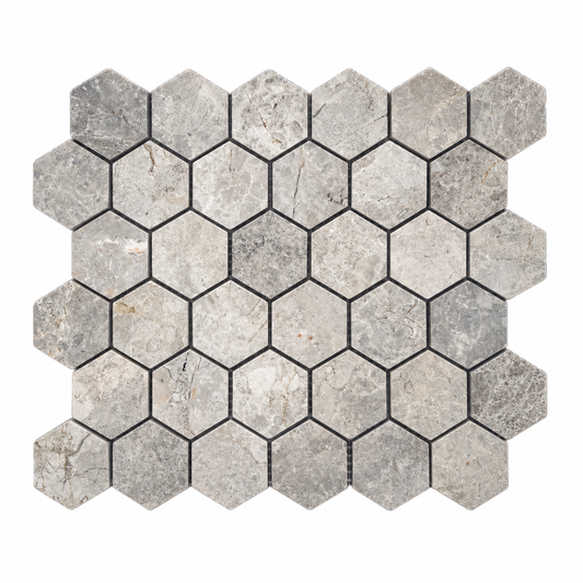 Silver Shadow Hexagon Polished Marble Hexagon Mosaic 48x48 — complete mesh-mounted sheet on white