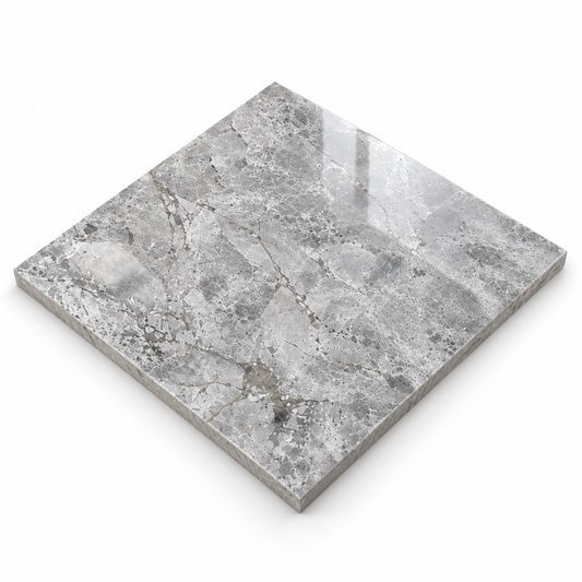 Silver Shadow Polished Marble Wall & Floor Tiles: angled view showing the stone face and raw sawn edges