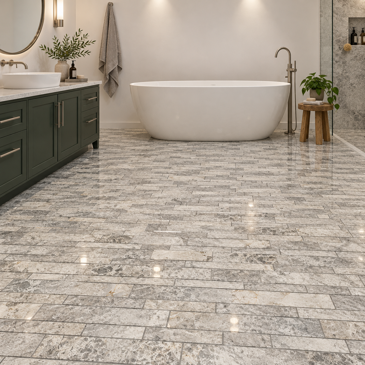 Silver Shadow Strip Bar Polished Marble Mosaic Tile — mosaic floor in a windowless bathroom