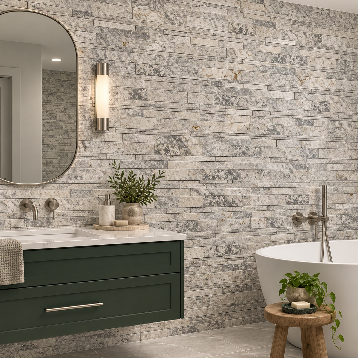 Silver Shadow Strip Bar Polished Marble Mosaic Tile — mosaic feature wall in a windowless bathroom
