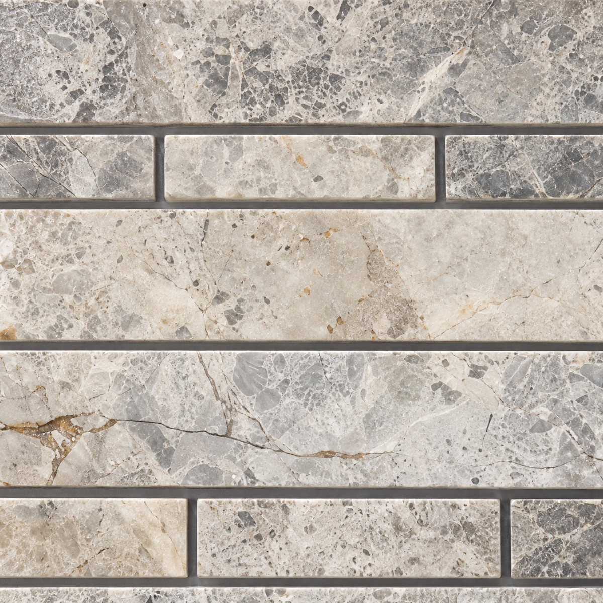 Silver Shadow Strip Bar Polished Marble Mosaic Tile — macro detail of natural stone texture and mosaic joints