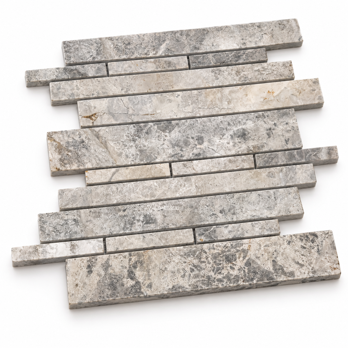 Silver Shadow Strip Bar Polished Marble Mosaic Tile — angled sheet showing natural stone edges and mesh backing