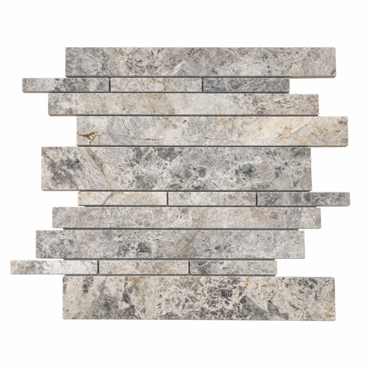 Silver Shadow Strip Bar Polished Marble Mosaic Tile — complete mesh-mounted sheet on white