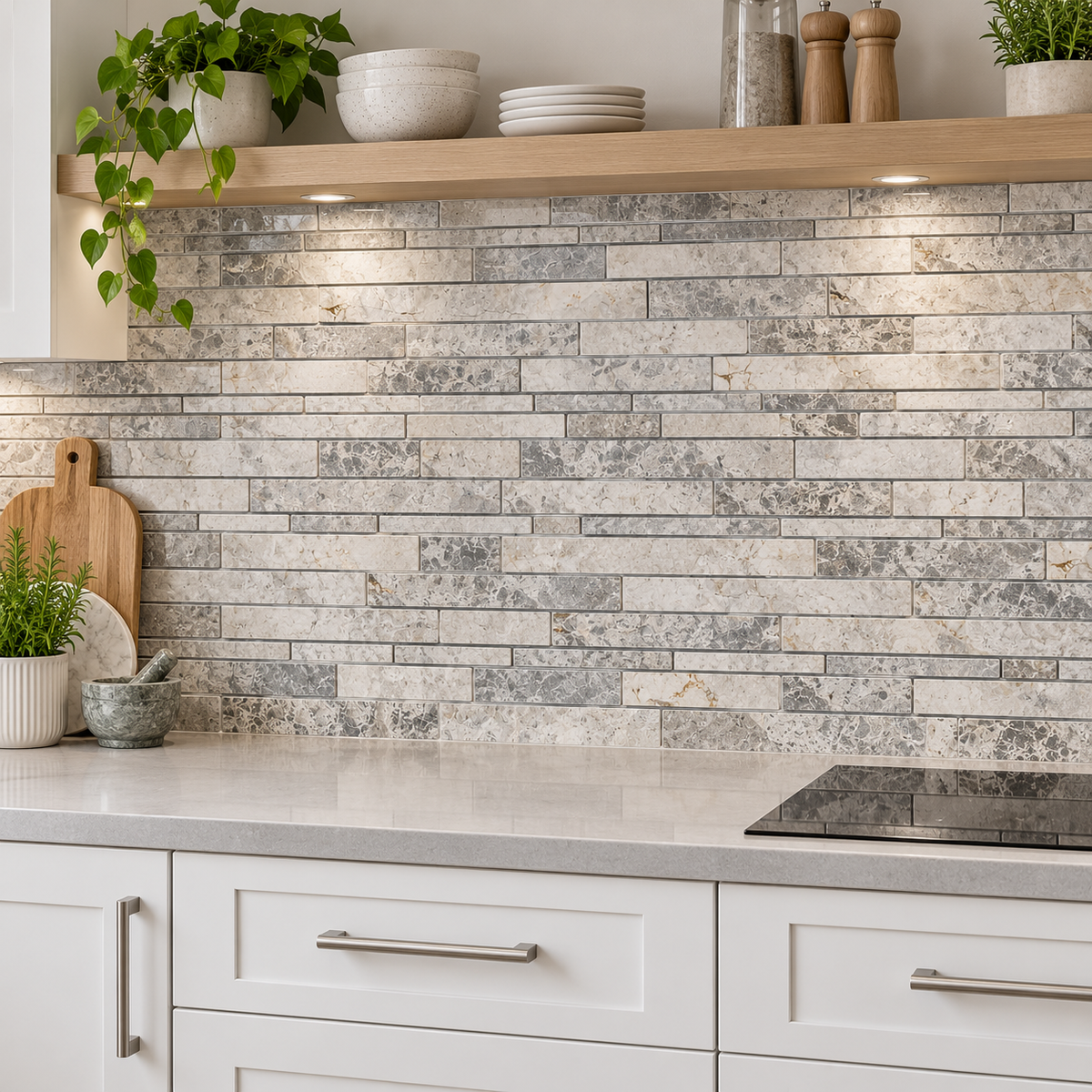 Silver Shadow Strip Bar Polished Marble Mosaic Tile — natural stone mosaic kitchen splashback
