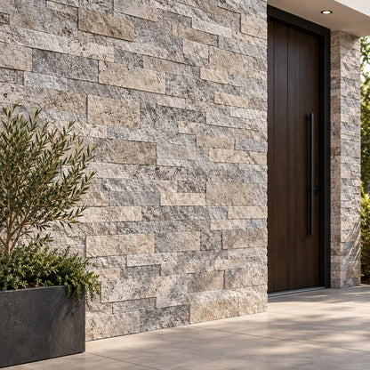 Silver Travertine split face wall cladding beside a dark timber door and planter in an exterior entrance visualisation.