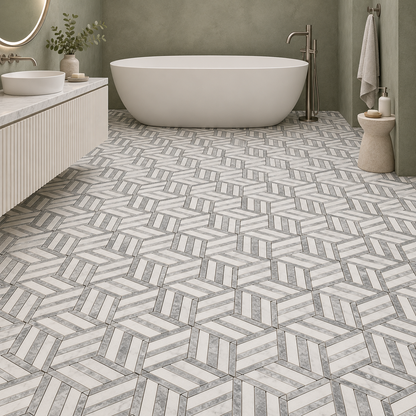 Split Hexagon Carrara White - Platinum Grey Honed Marble Mosaic Tile — mosaic floor in a windowless bathroom