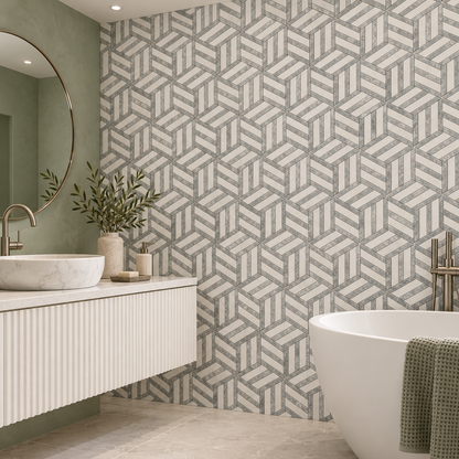 Split Hexagon Carrara White - Platinum Grey Honed Marble Mosaic Tile — mosaic feature wall in a windowless bathroom