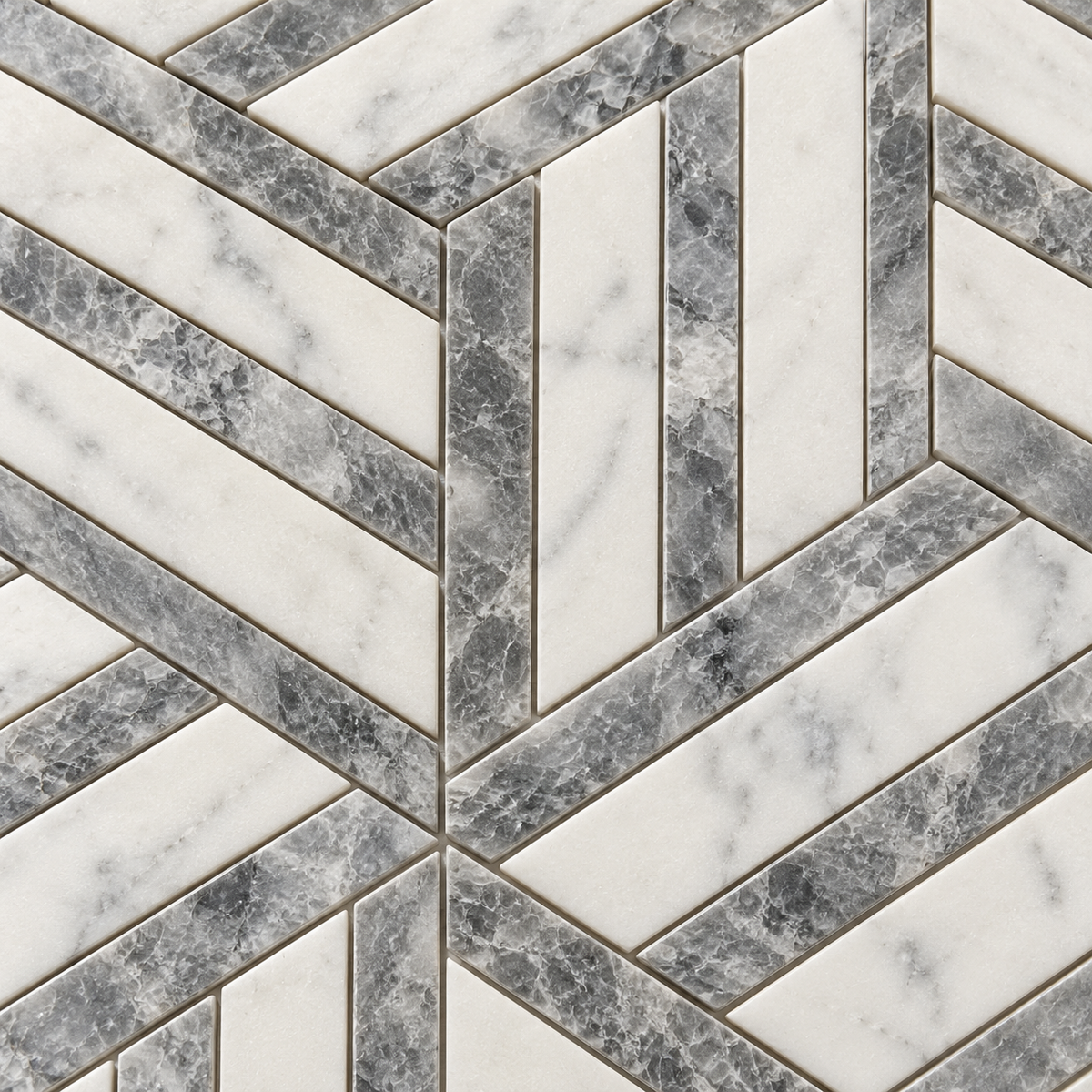Split Hexagon Carrara White - Platinum Grey Honed Marble Mosaic Tile — macro detail of natural stone texture and mosaic joints