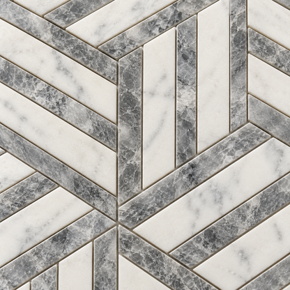 Split Hexagon Carrara White - Platinum Grey Honed Marble Mosaic Tile — macro detail of natural stone texture and mosaic joints