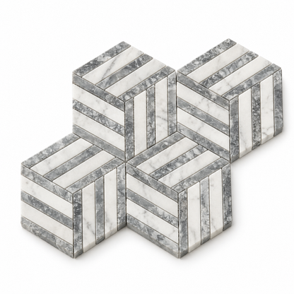 Split Hexagon Carrara White - Platinum Grey Honed Marble Mosaic Tile — angled sheet showing natural stone edges and mesh backing