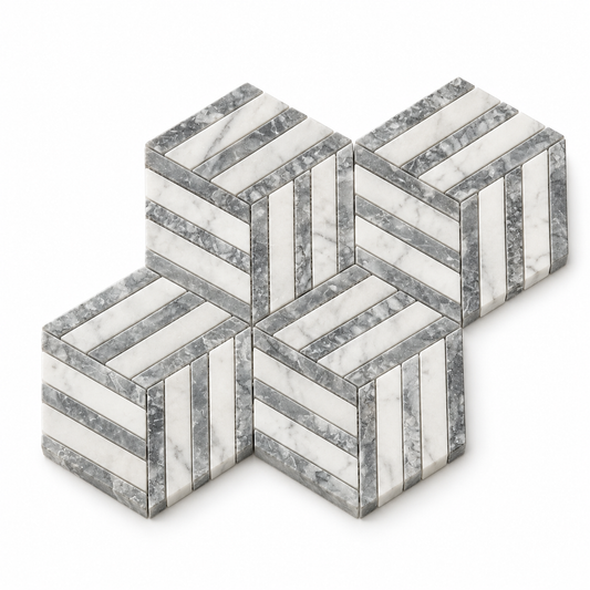 Split Hexagon Carrara White - Platinum Grey Honed Marble Mosaic Tile — angled sheet showing natural stone edges and mesh backing
