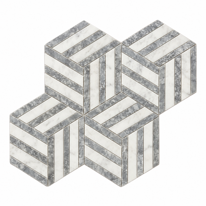 Split Hexagon Carrara White - Platinum Grey Honed Marble Mosaic Tile — complete mesh-mounted sheet on white
