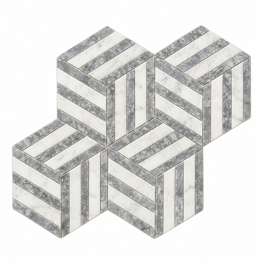 Split Hexagon Carrara White - Platinum Grey Honed Marble Mosaic Tile — complete mesh-mounted sheet on white