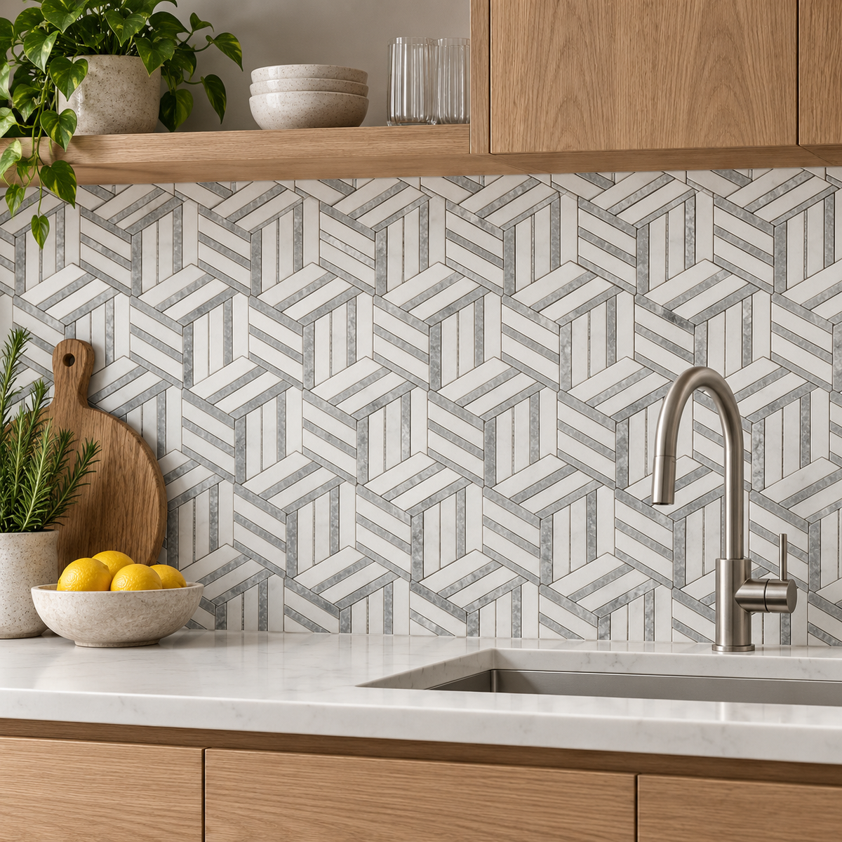 Split Hexagon Carrara White - Platinum Grey Honed Marble Mosaic Tile — natural stone mosaic kitchen splashback