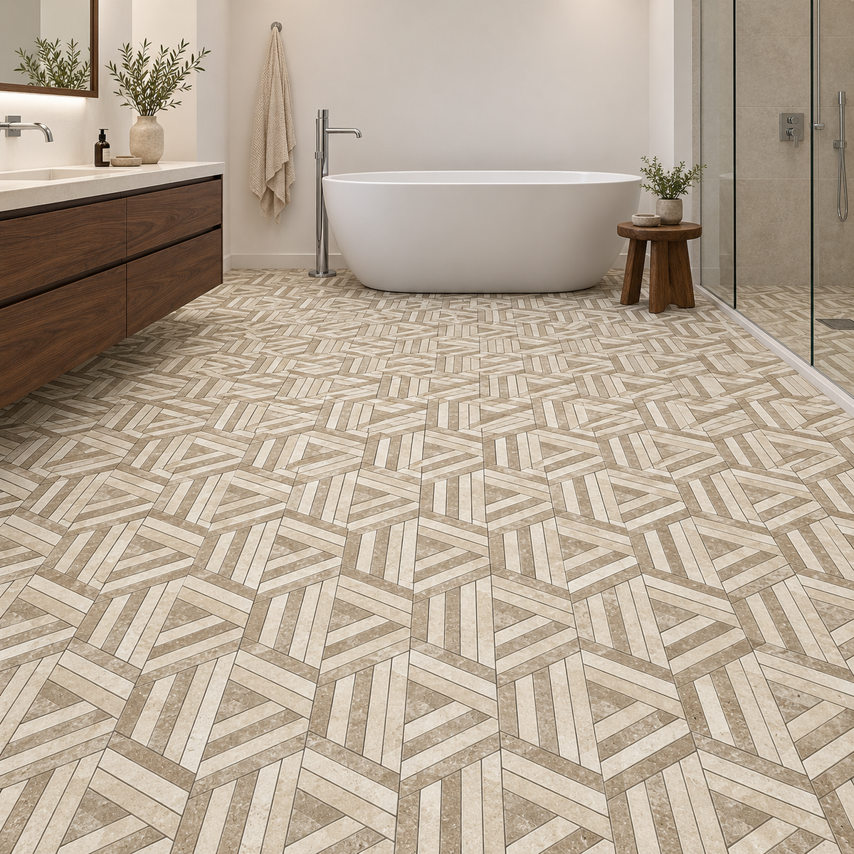 Split Hexagon Classic and Noche Travertine Honed Mosaic Tile — mosaic floor in a windowless bathroom