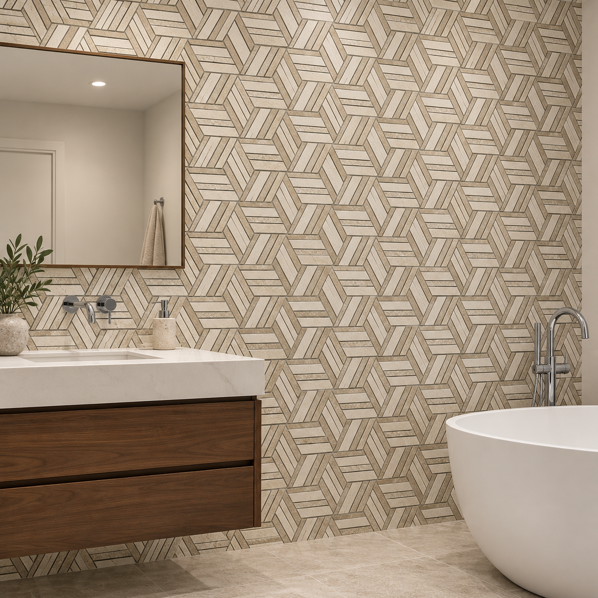Split Hexagon Classic and Noche Travertine Honed Mosaic Tile — mosaic feature wall in a windowless bathroom