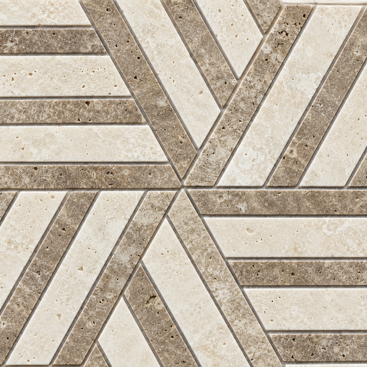 Split Hexagon Classic and Noche Travertine Honed Mosaic Tile — macro detail of natural stone texture and mosaic joints