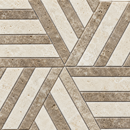 Split Hexagon Classic and Noche Travertine Honed Mosaic Tile — macro detail of natural stone texture and mosaic joints