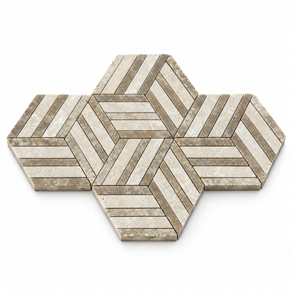 Split Hexagon Classic and Noche Travertine Honed Mosaic Tile — angled sheet showing natural stone edges and mesh backing