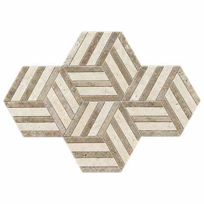 Split Hexagon Classic and Noche Travertine Honed Mosaic Tile — complete mesh-mounted sheet on white