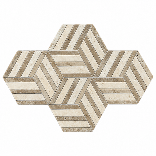 Split Hexagon Classic and Noche Travertine Honed Mosaic Tile — complete mesh-mounted sheet on white