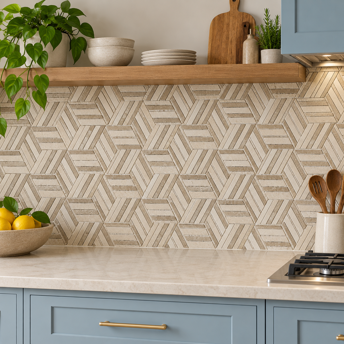Split Hexagon Classic and Noche Travertine Honed Mosaic Tile — natural stone mosaic kitchen splashback