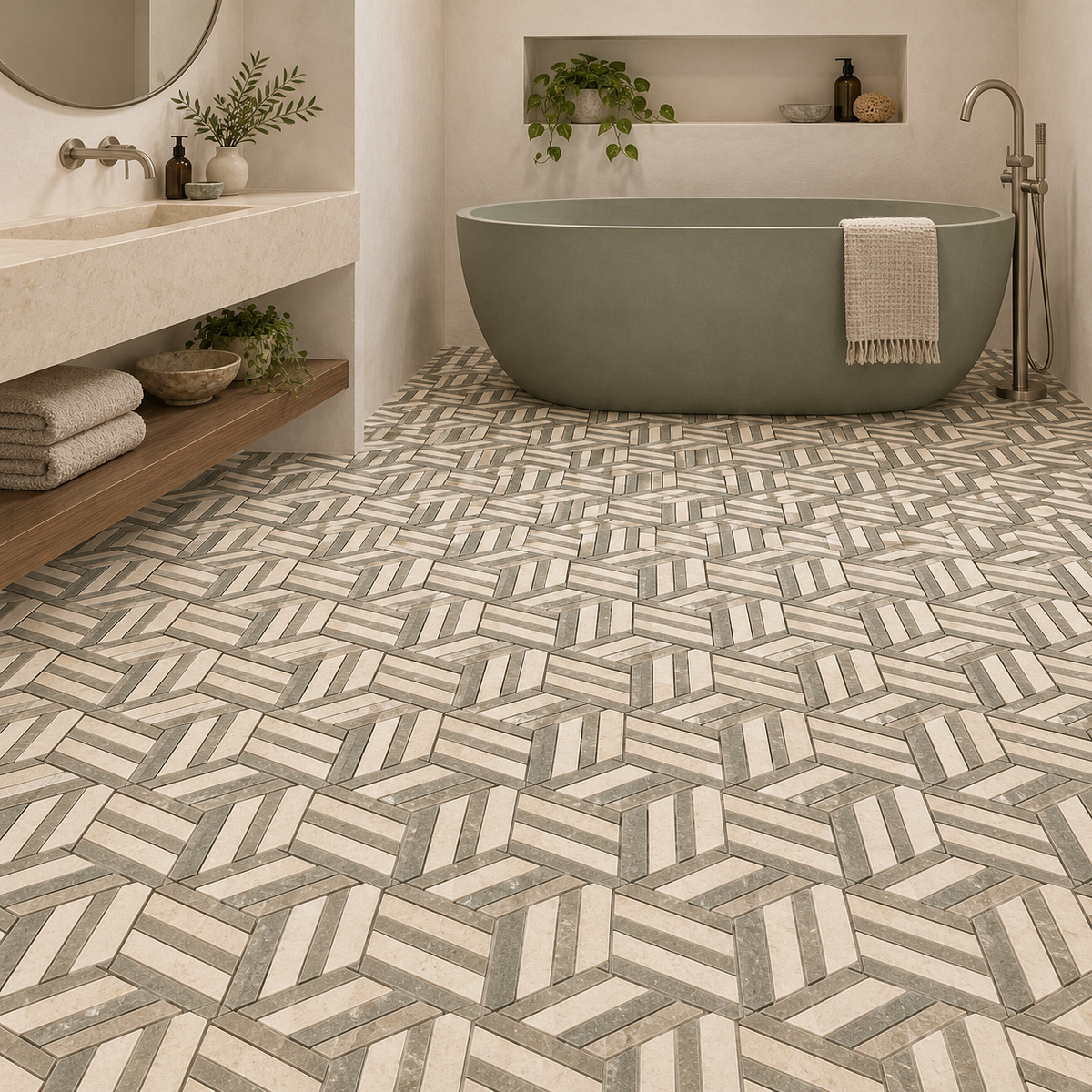 Split Hexagon Honed Creamy Beige - Rustic Green Limestone Mosaic Tile — mosaic floor in a windowless bathroom
