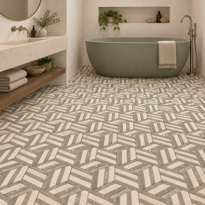 Split Hexagon Honed Creamy Beige - Rustic Green Limestone Mosaic Tile — mosaic floor in a windowless bathroom
