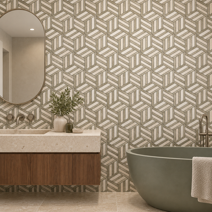 Split Hexagon Honed Creamy Beige - Rustic Green Limestone Mosaic Tile — mosaic feature wall in a windowless bathroom