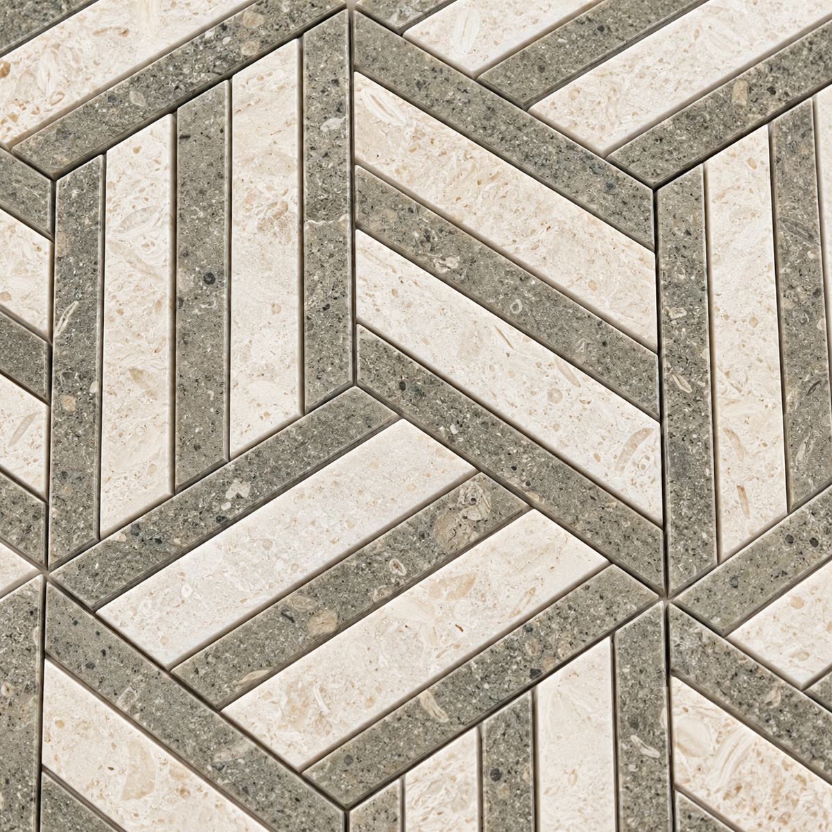 Split Hexagon Honed Creamy Beige - Rustic Green Limestone Mosaic Tile — macro detail of natural stone texture and mosaic joints