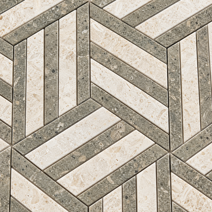 Split Hexagon Honed Creamy Beige - Rustic Green Limestone Mosaic Tile — macro detail of natural stone texture and mosaic joints