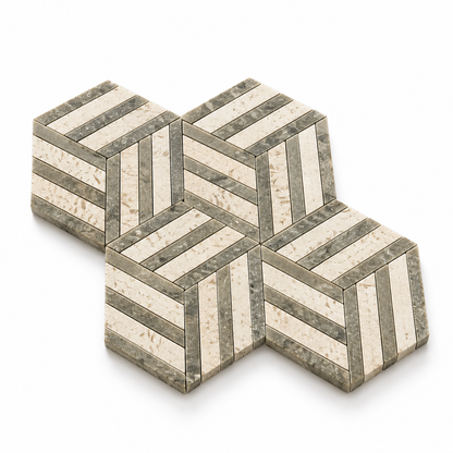 Split Hexagon Honed Creamy Beige - Rustic Green Limestone Mosaic Tile — angled sheet showing natural stone edges and mesh backing