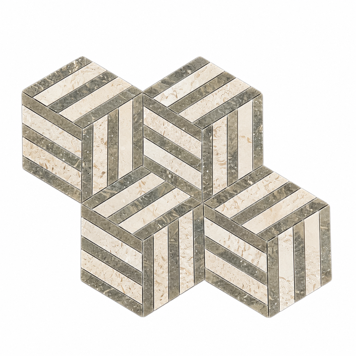 Split Hexagon Honed Creamy Beige - Rustic Green Limestone Mosaic Tile — complete mesh-mounted sheet on white