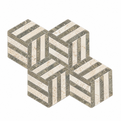 Split Hexagon Honed Creamy Beige - Rustic Green Limestone Mosaic Tile — complete mesh-mounted sheet on white