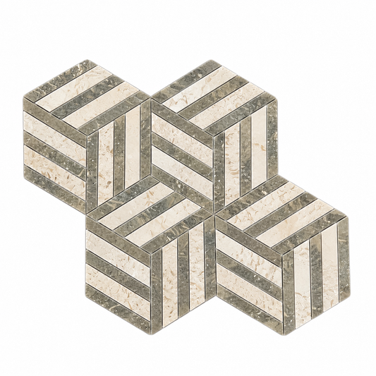Split Hexagon Honed Creamy Beige - Rustic Green Limestone Mosaic Tile — complete mesh-mounted sheet on white