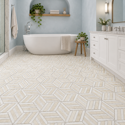 Split Hexagon Honed Dolomite Marble - Limestone Mosaic Tile — mosaic floor in a windowless bathroom