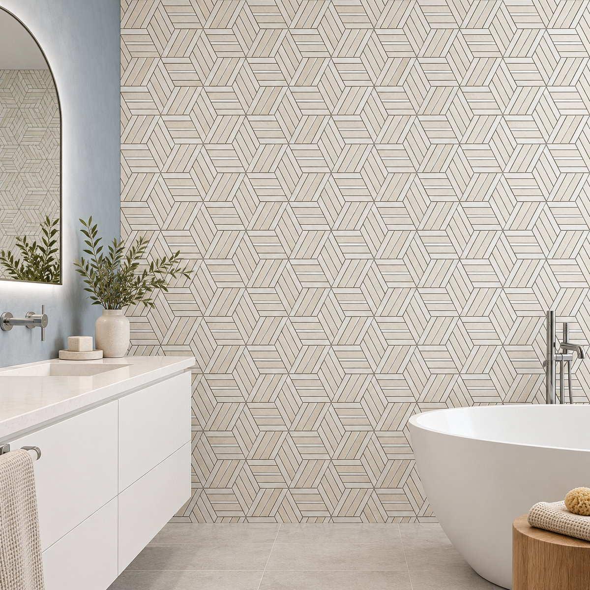 Split Hexagon Honed Dolomite Marble - Limestone Mosaic Tile — mosaic feature wall in a windowless bathroom