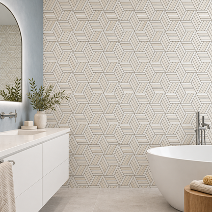 Split Hexagon Honed Dolomite Marble - Limestone Mosaic Tile — mosaic feature wall in a windowless bathroom