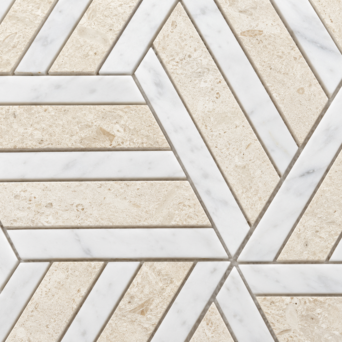 Split Hexagon Honed Dolomite Marble - Limestone Mosaic Tile — macro detail of natural stone texture and mosaic joints