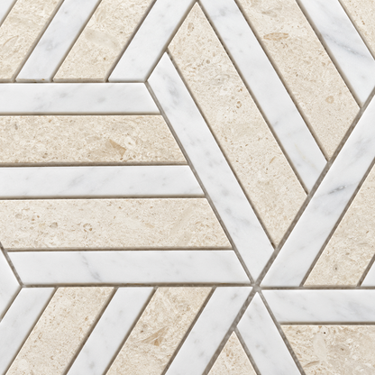 Split Hexagon Honed Dolomite Marble - Limestone Mosaic Tile — macro detail of natural stone texture and mosaic joints