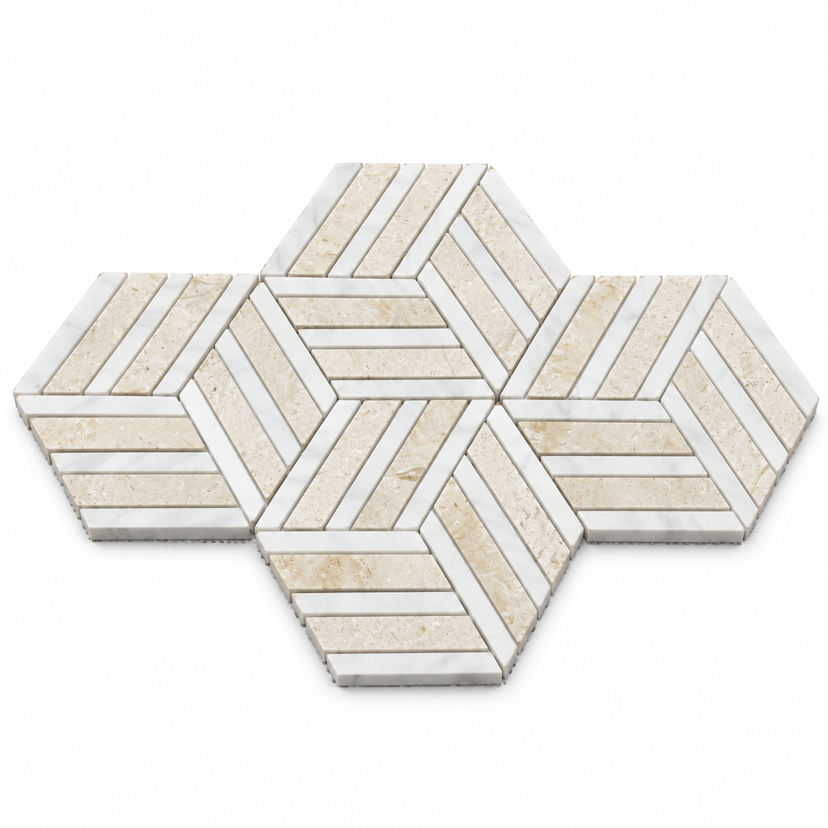 Split Hexagon Honed Dolomite Marble - Limestone Mosaic Tile — angled sheet showing natural stone edges and mesh backing