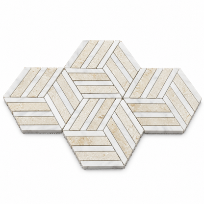 Split Hexagon Honed Dolomite Marble - Limestone Mosaic Tile — angled sheet showing natural stone edges and mesh backing