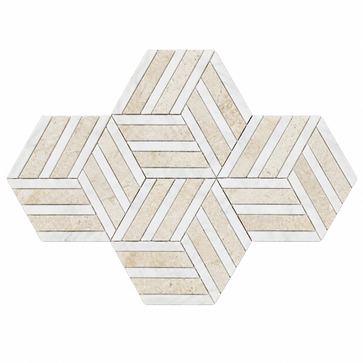Split Hexagon Honed Dolomite Marble - Limestone Mosaic Tile — complete mesh-mounted sheet on white