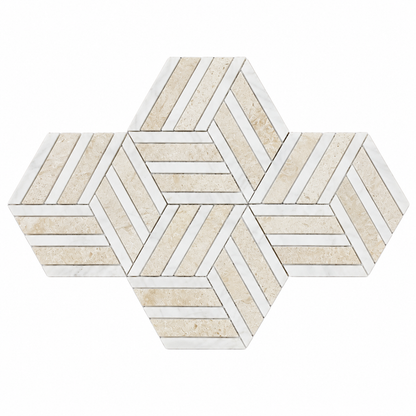 Split Hexagon Honed Dolomite Marble - Limestone Mosaic Tile — complete mesh-mounted sheet on white