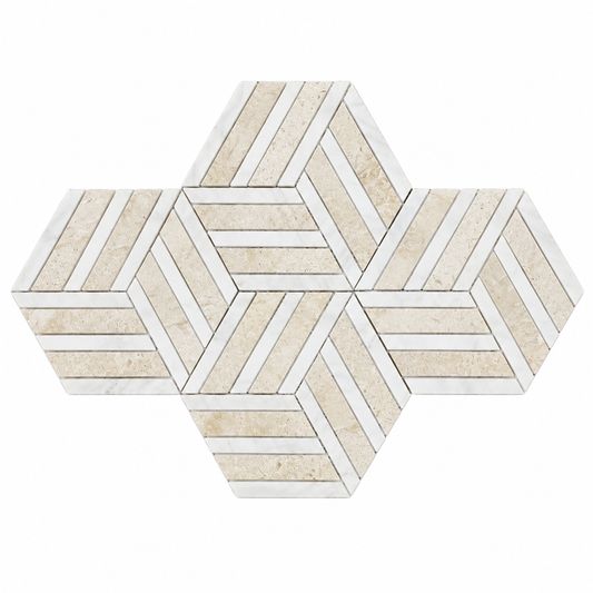 Split Hexagon Honed Dolomite Marble - Limestone Mosaic Tile — complete mesh-mounted sheet on white